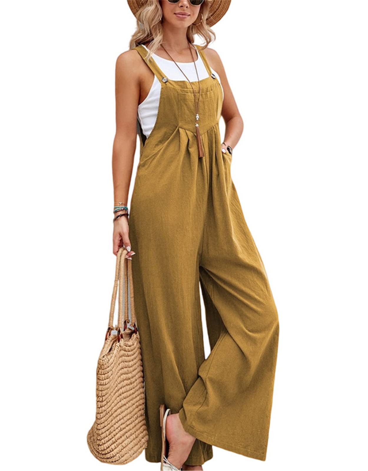 SotRong Women's Linen Dungarees UK Wide Leg Jumpsuit with Pocket Loose Fit  Playsuits Summer Boho Romper Sleeveless Strappy Overalls, Pink (XXL=UK16