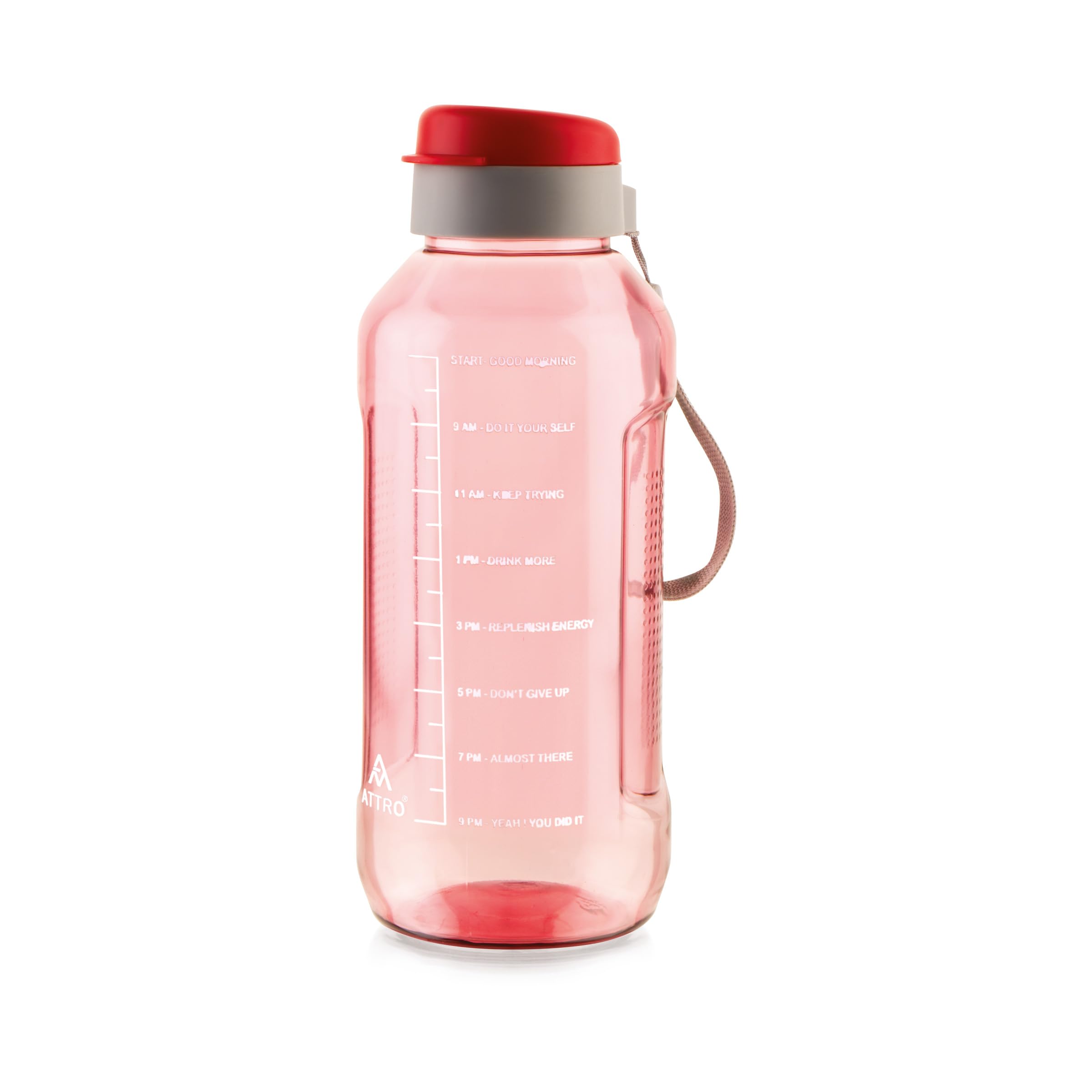 ATTRO Ultra Pro 2 Motivational 2-Liter BPA-Free Water Bottle with Leak-Proof Flip-Top Cap, Nylon Strap and Stylish Red Color for Daily Hydration