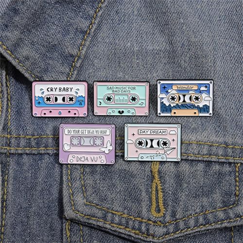 Image of Pink Cartoon Retro Magnetic Tape Brooch Set - 5 Count Unisex Pins for Men Women Gift - Vintage Music Tape Lapel Pin for Jacket Shirt Hat Aesthetic Accessories