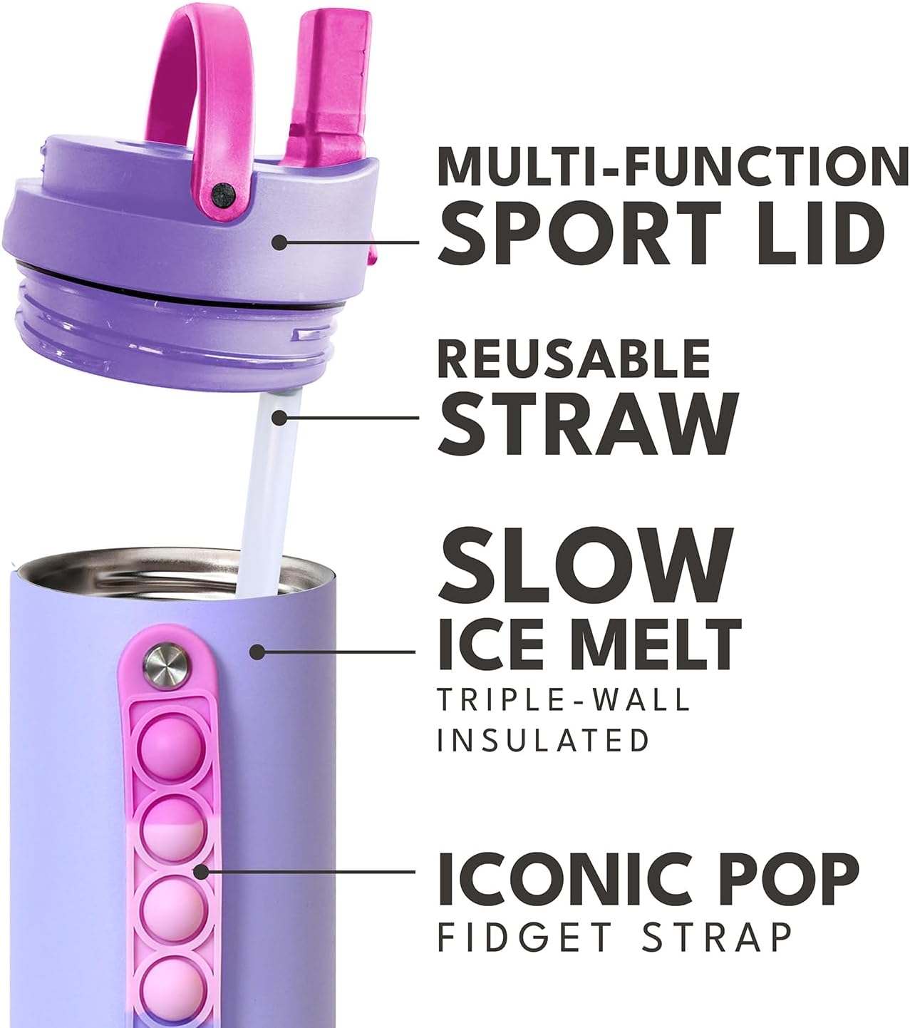 Elemental Iconic Kids Water Bottle for School - 100% Leak-Proof Insulated Water Bottles with Straw Lid & Pop-It Handle for Boys & Girls - Triple-Wall Insulated & BPA-Free, 20oz – Lilac Tie Dye - Image 6