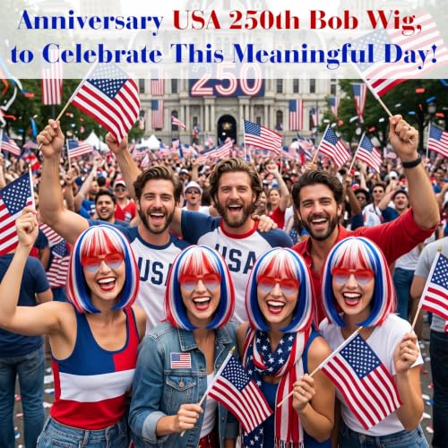 Image of PLULON Red White Blue Bob Wig with Heart Sunglasses for Women, Colored Short Bob Hair Fun Synthetic Hair with Wig Cap 4th of July Costume Hairpieces Independence Day Outfit for Cosplay Halloween Party