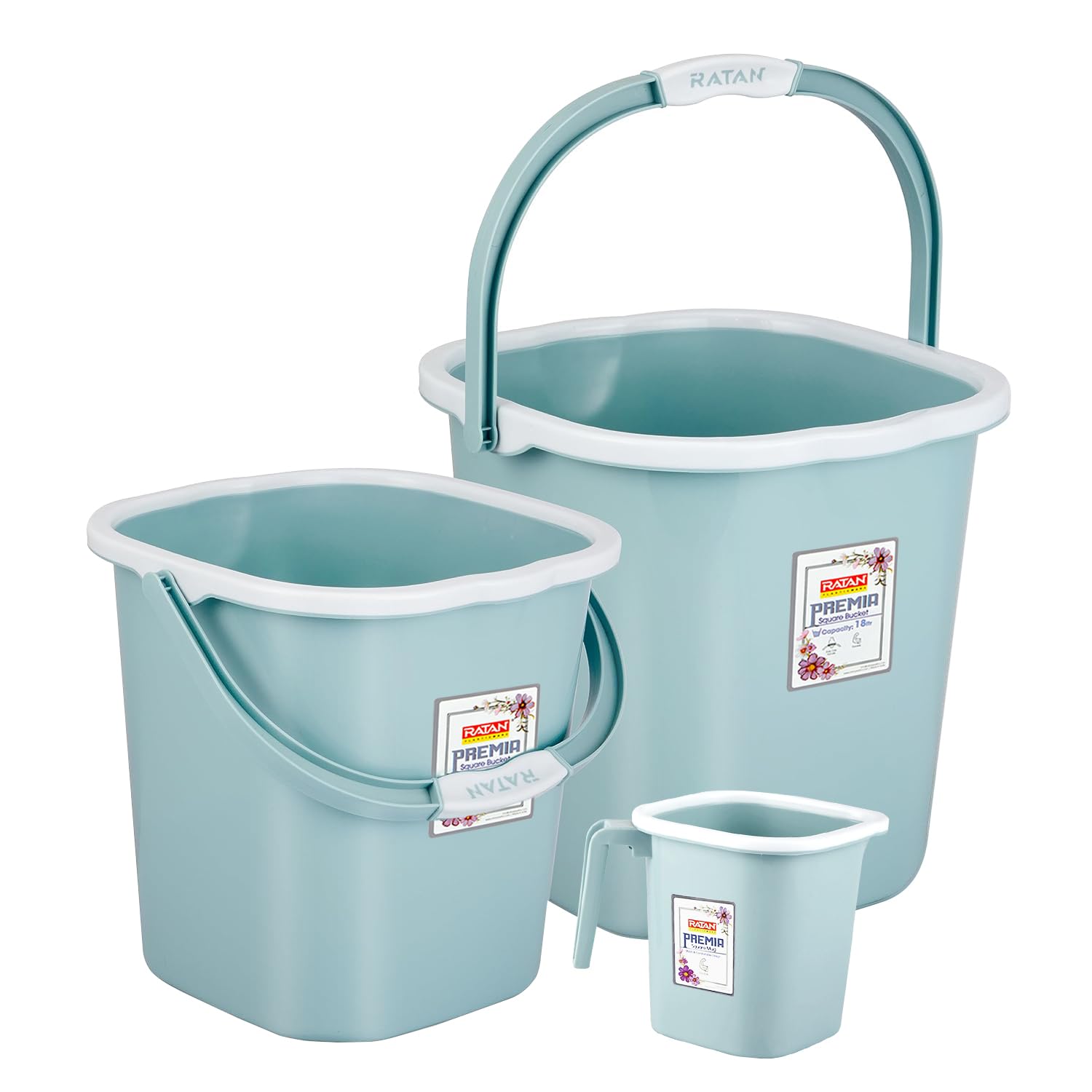 - Plastic Bathroom Set of 3 Pieces Combo Pack Premia Plain,Mint Trmb 18 Liters + 25 Liters Bucket + One Premia Plain Bath Mug 1.5 Liters