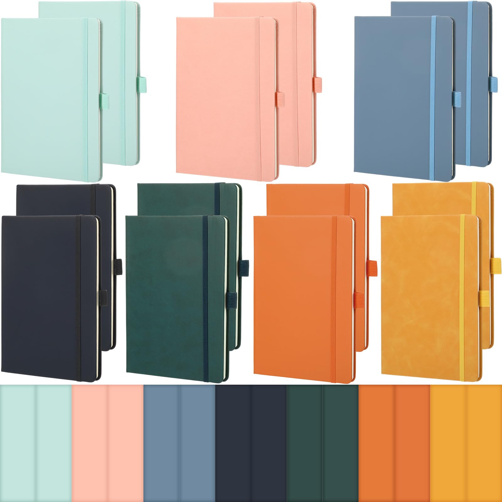 Laumoi Paquete de 14 cuadernos rayados de 5.5 x 8.2 pulgadas, cuaderno de tapa dura A5, bloc de notas con rayas universitarias con soporte para bolígrafo, diarios rayados de piel sintética para