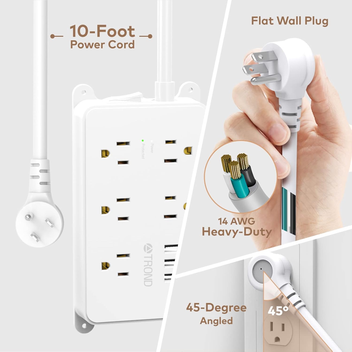 Tор Brаndѕ Power Strip Surge Protector Flat Plug, ETL Listed, TROND 5 Widely-Spaced Outlets with 3 USB Ports, 1300 Joules, Low Profile Extension Cord 10ft, Wall Mountable, White