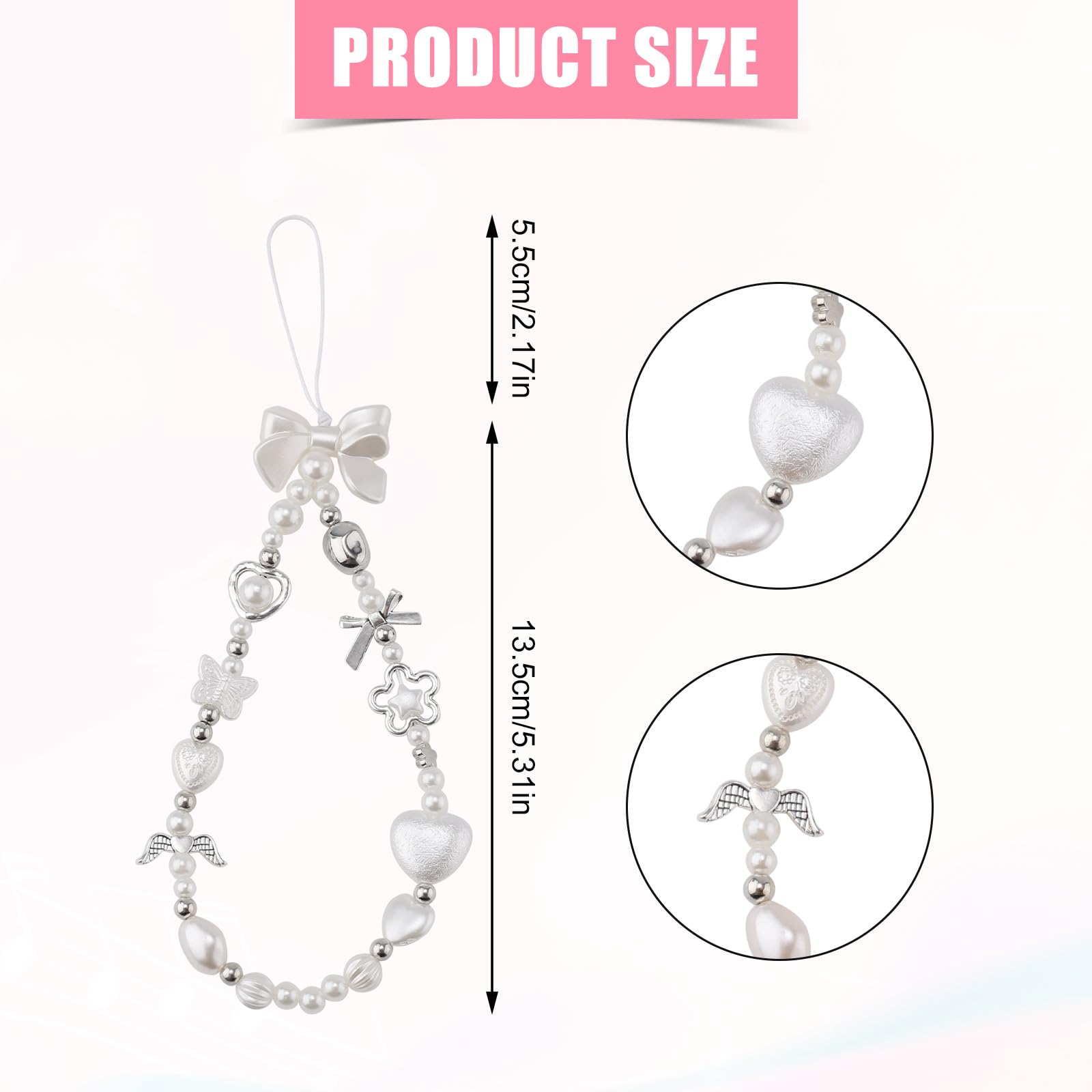 Gosknor Phone Charm Strap, Heart Bow Beaded Phone Charm Cute Y2K Phone Bracelet Strap Phone Keychain Charm Pearl Phone Lanyard Chain Beaded Phone Wrist Strap for Key Ring Backpack Wallet Camera