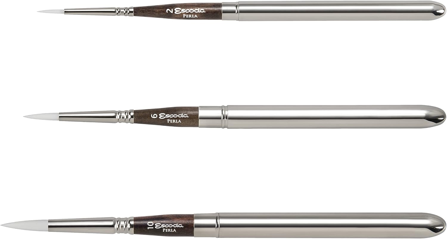 Escoda | Watercolour | Perla Set with 3 Round Travel Brushes for Watercolour | Size 2,6,10 | 3 Brushes | Synthetic White Toray | Round Pointed