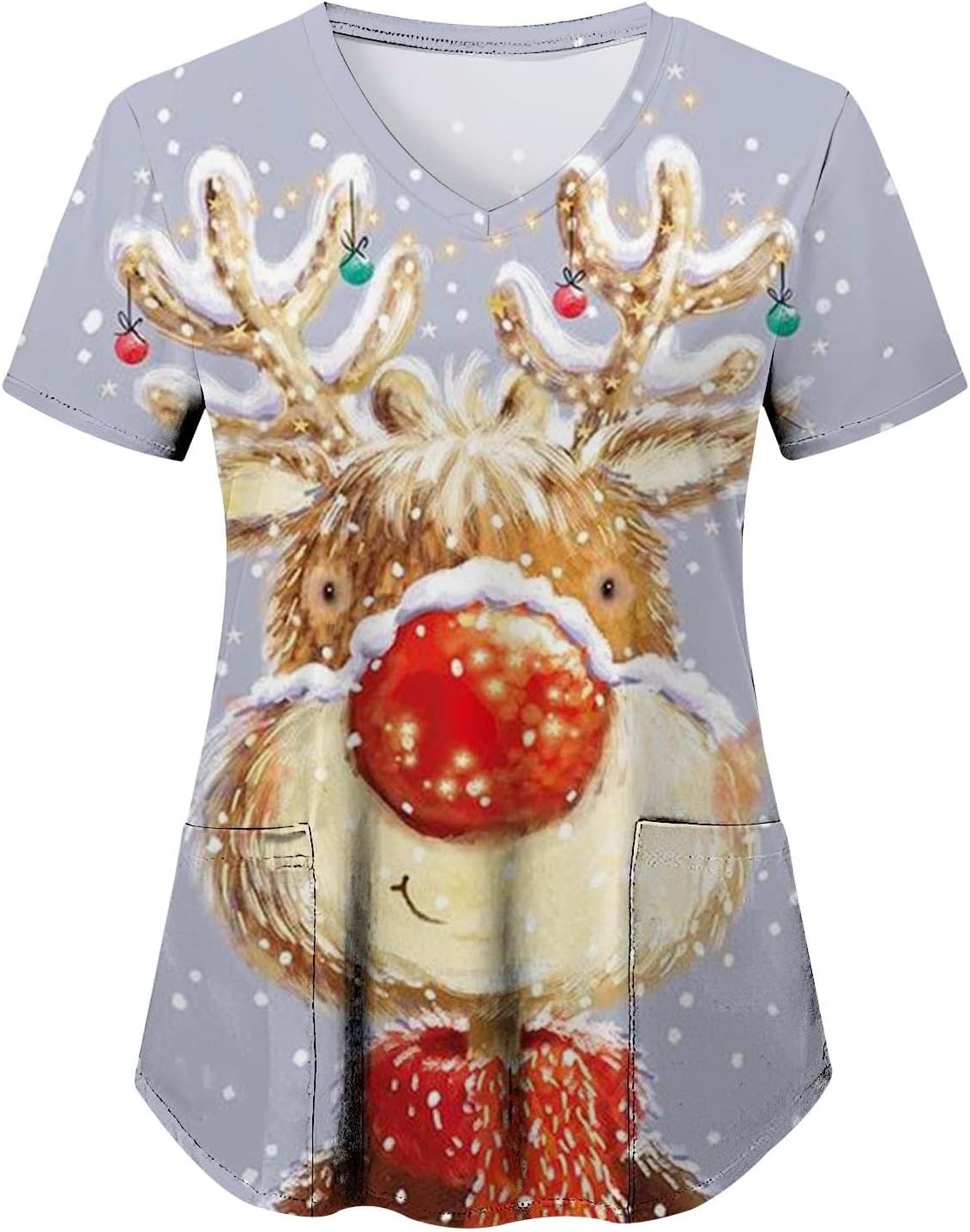 Christmas Scrubs for Women Tops V-Neck Medical Scrub Shirts Holiday Working Uniform Short Sleeve Stretchy Tunics with Pocket