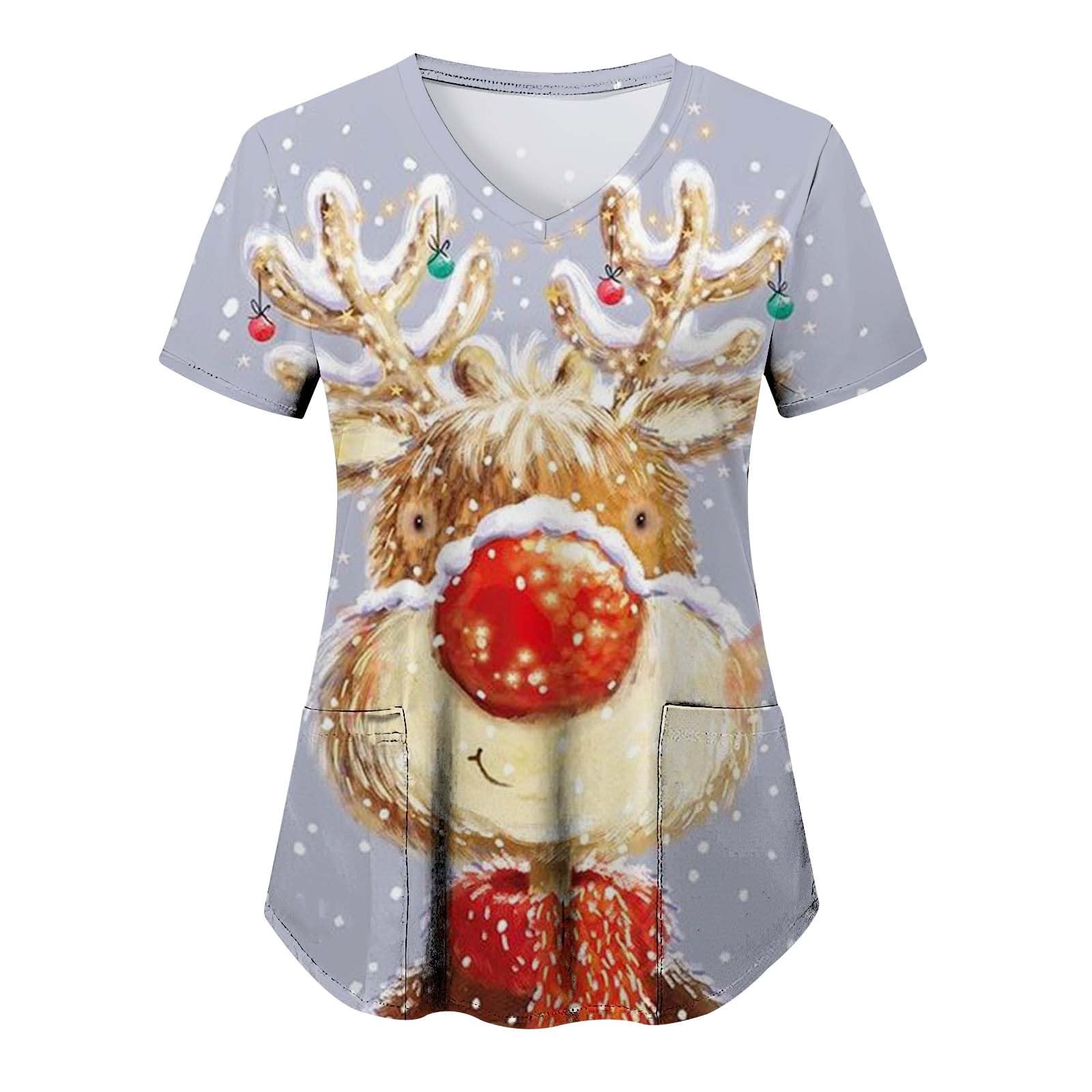 Christmas Scrubs for Women Tops V-Neck Medical Scrub Shirts Holiday Working Uniform Short Sleeve Stretchy Tunics with Pocket