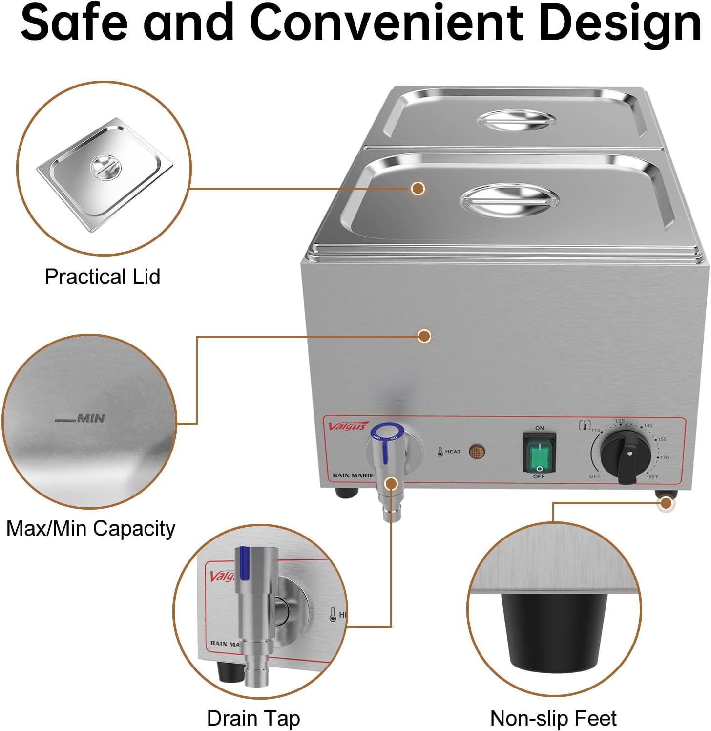Valgus Commercial Grade Stainless Steel 2 Sections 19 Qt Bain Marie Buffet Food Warmer Steam Table with Lid and Tap for Home and Restaurants