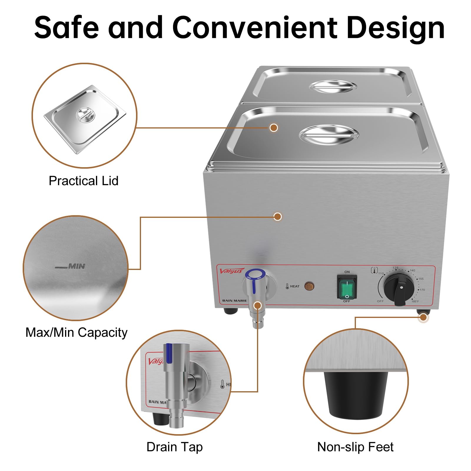 Valgus Commercial Bain Marie Buffet Scaldavivande in Acciaio Inox 2 sezioni 18L Tavolo a Vapore con Coperchio e Rubinetto per casa e ristoranti