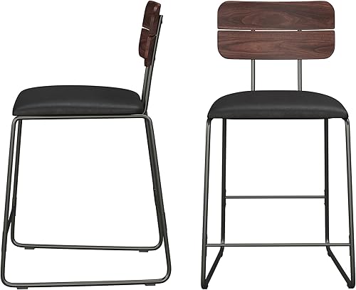 Walker Edison Taburetes minimalistas modernos de 2 piezas con respaldo de madera, juego de 2, color negro