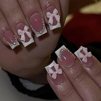 Short Press On Square Fake Nails - White French Tip, Pearl Bow Charms Design - Glue On, Glossy Full Cover Stick On Nails - 24 Pcs