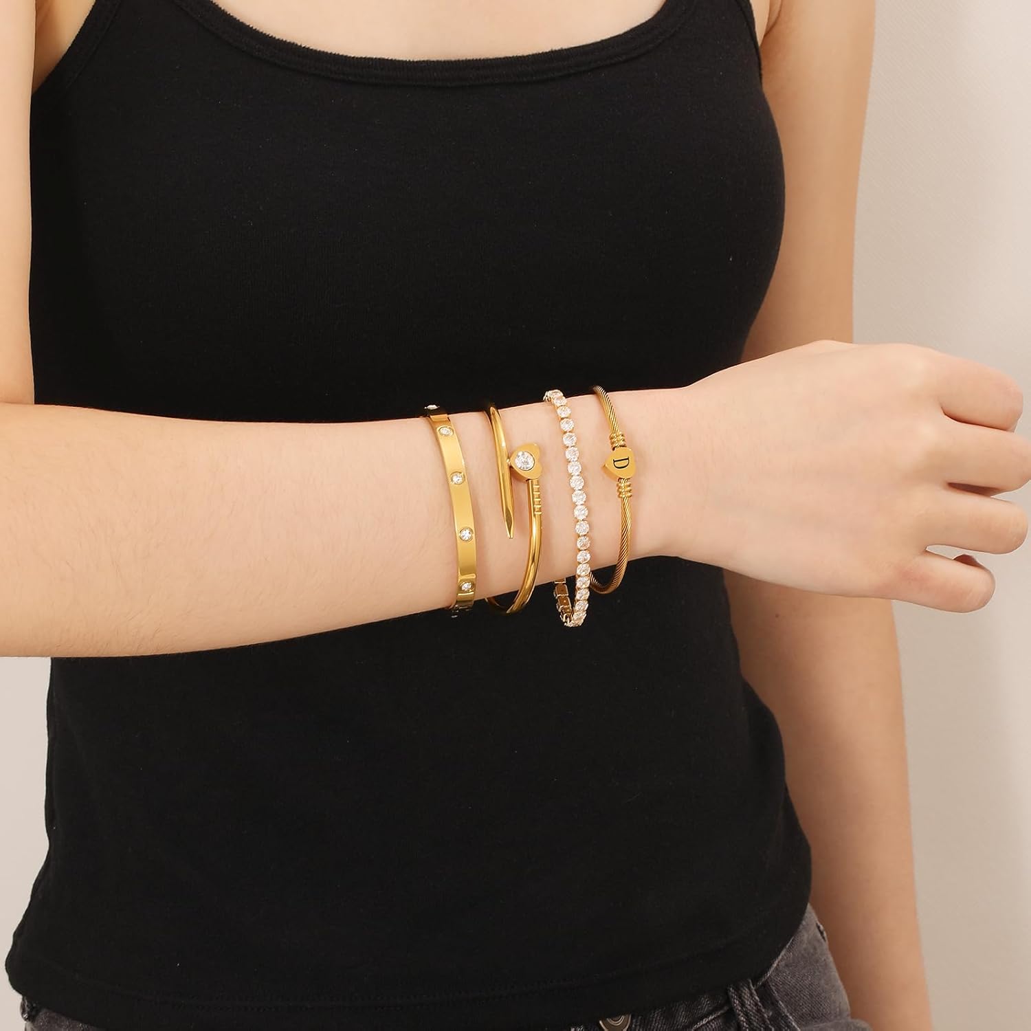 MEIERYA18K Gold Plated Nail love Bangle Bracelet Set for Women,Cubic Zirconia,Adjustable tennis bracelet Trendy Gift Jewelry for Mother's Day Anniversary - Image 3