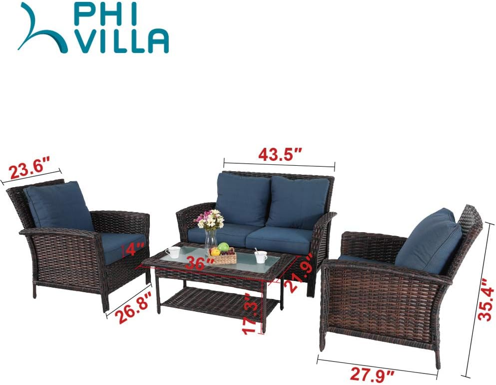 PHI VILLA 4 PCs Outdoor Patio Furniture Conversation Set Wicker Rattan Sofa Set with Coffee Table, Blue Padded Cushion for Garden, Lawn and Deck : Patio, Lawn & Garden