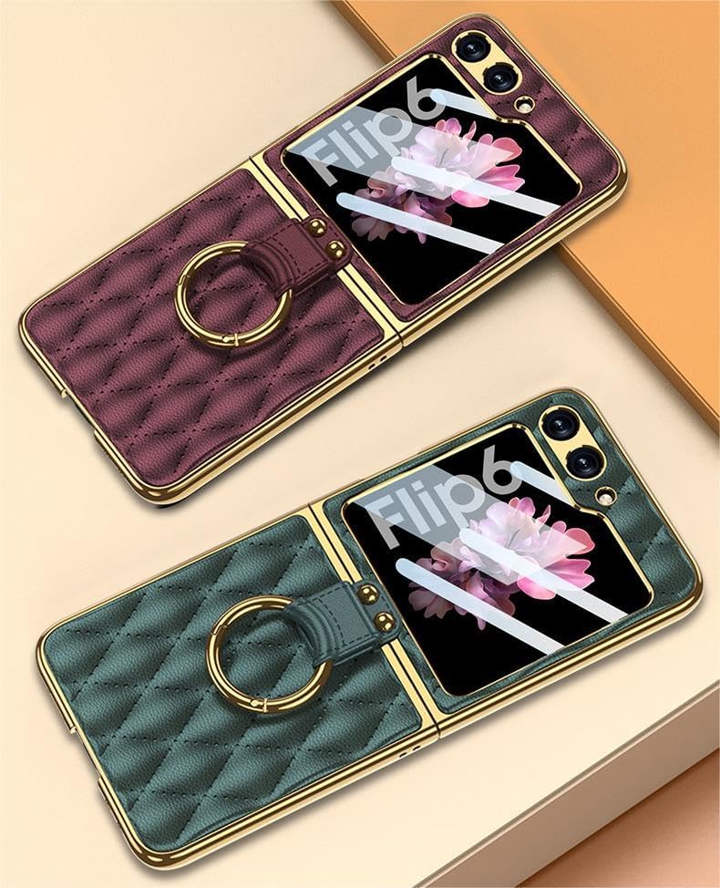 Quilted Leather Folding Case for Samsung Galaxy Z Flip 6, Diamond-Shaped Lattice Mobile Phone Shell for Z Flip6, Creative Women's Folding Screen Protective Cover (Red,for Flip 6)