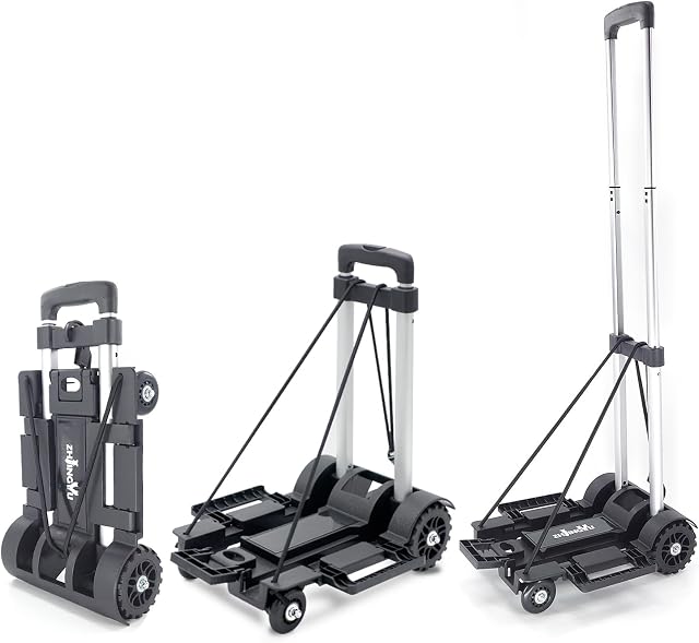 Chariot pliant pour camion à main, Voiture à bagages pliable, Utility Dolly Cart 4 Roues & 2 Ropes élastiques, Sac à Dos Portable Trolley,Petite Dolly, Trolle pliante, Voyage,Dolley, Déplacement, Pôle en aluminium