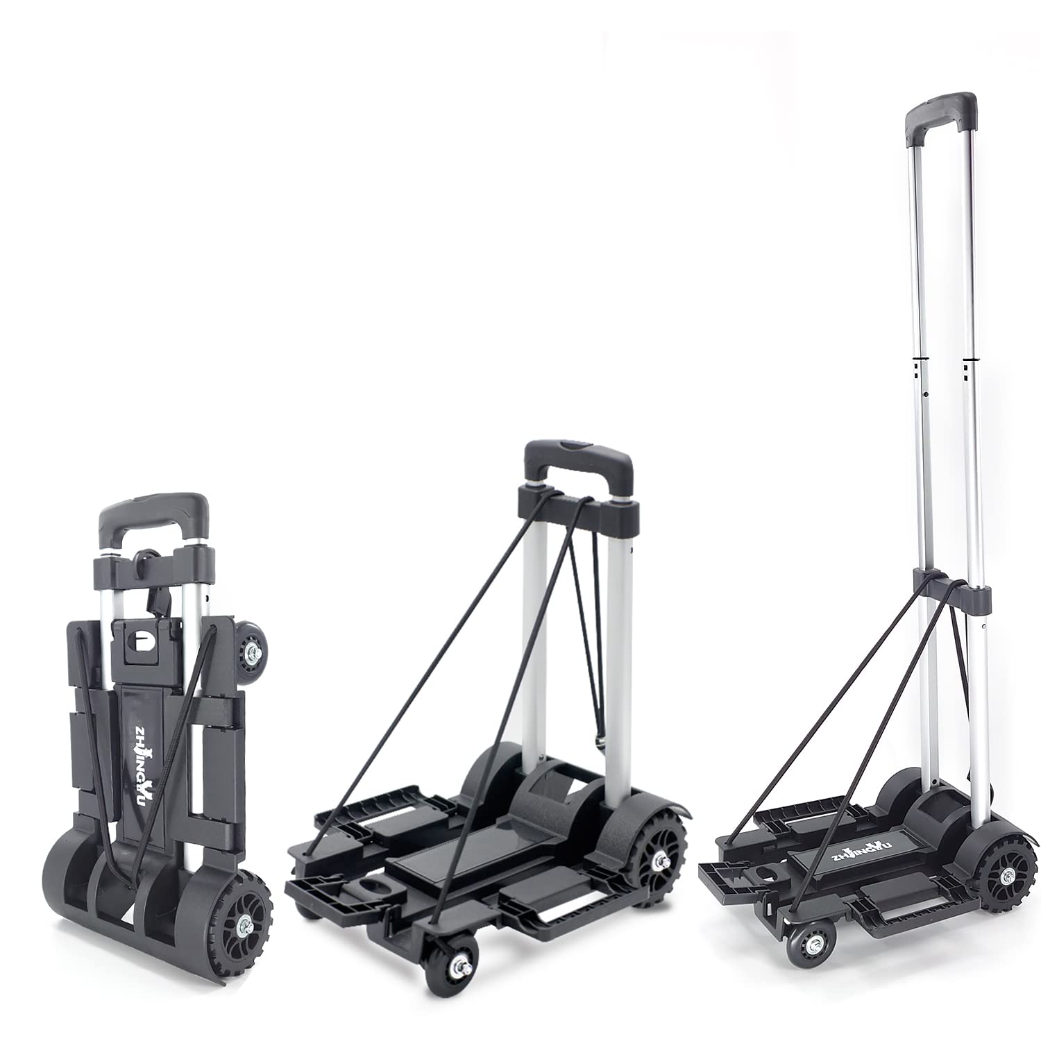 ZHJINGYU Carretilla Plegable Aluminio Ligera 45KG - 4 Ruedas + Mástil Telescópico - Estructura Estable - Ideal para Equipaje, Mercado & Transporte Pesado