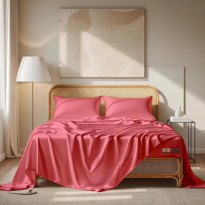 Image of Day Care-Luxury Satin Flat Double Bed (90x100 Inchs) Bedsheet|Ultra Soft Silky Smooth Touch|Breathable, Lightweight & Skin Friendly|Wrinkle Resistant|Coral Pink