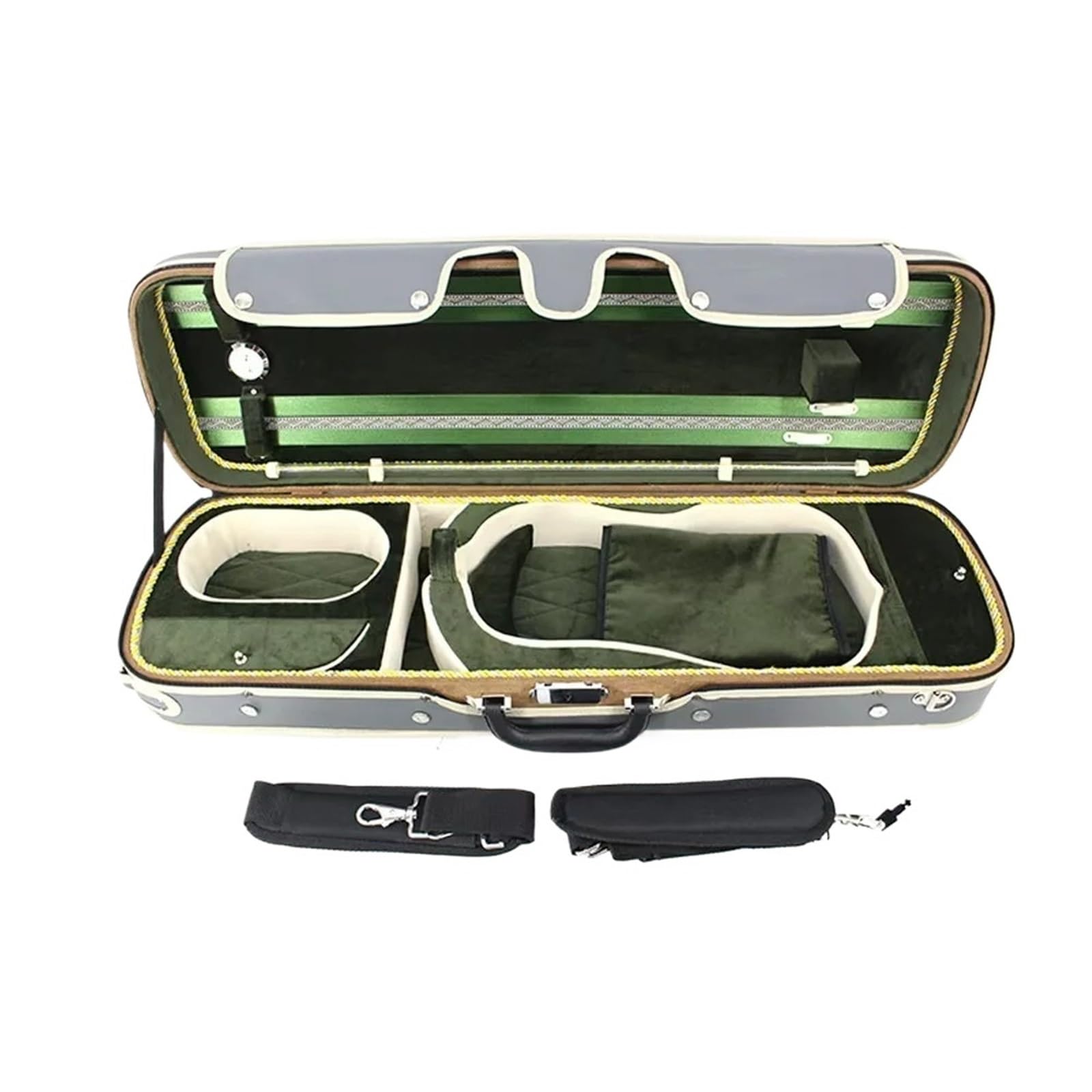 Estuche para violín Estuche rectangular de alta gama for violín con termómetro incorporado, tamaño 4/4, piel sintética gris y correa verde(Size 1-4)