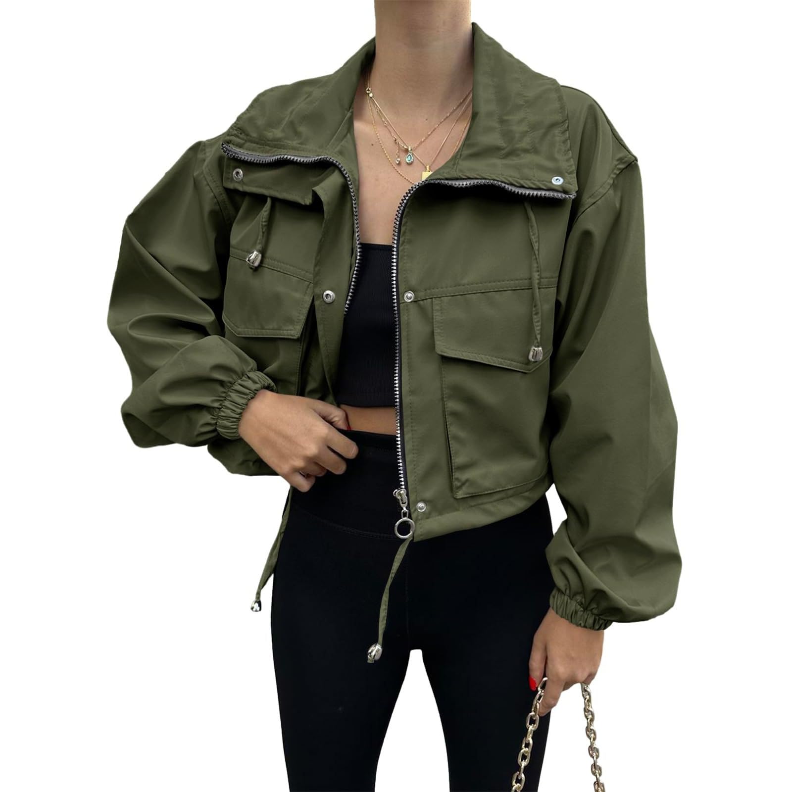 Womens Cropped Jacket Zip 2026 Trendy Zip Up Lightweight Utility Anorak Coat Long Sleeve Short Jacket with Pockets — view 9