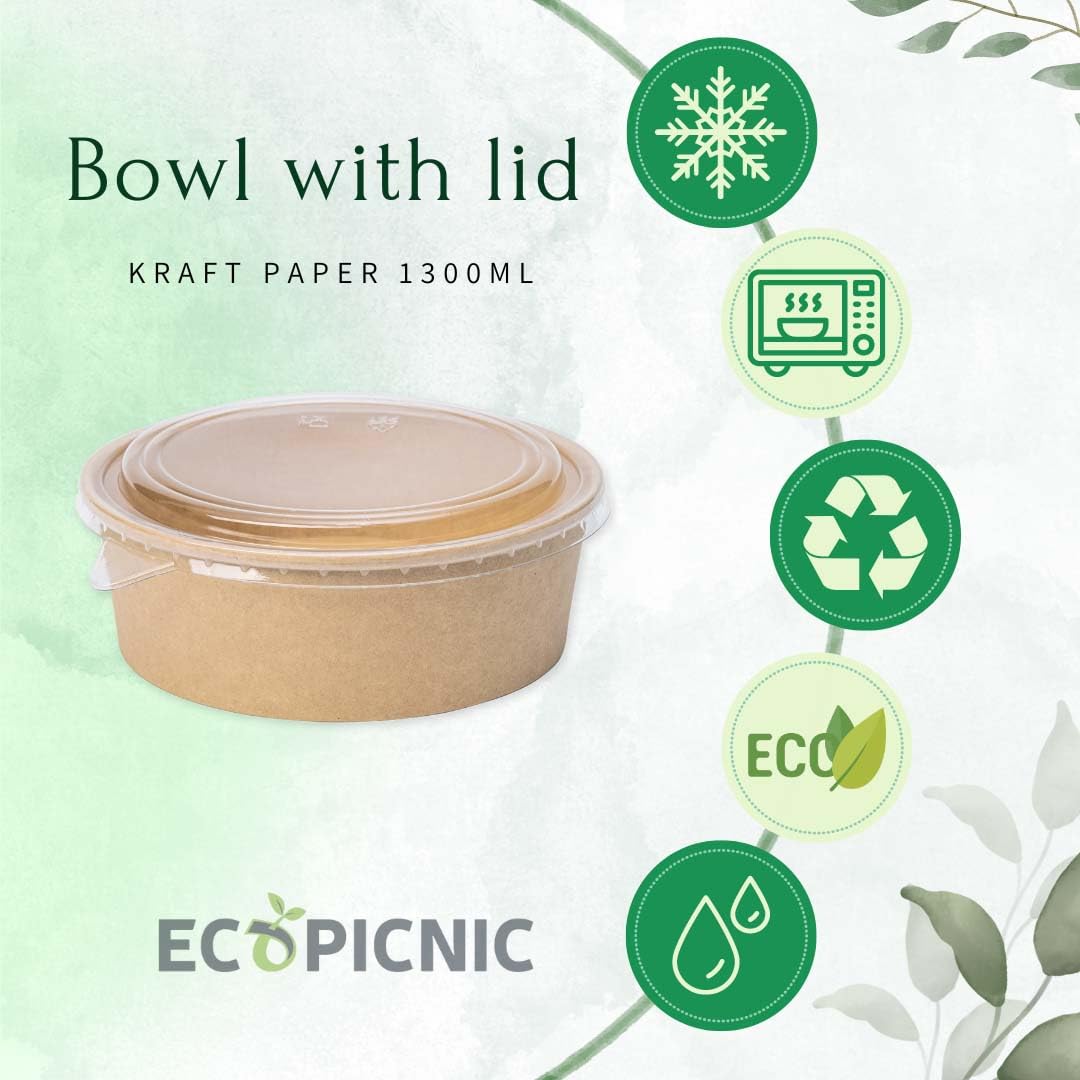 Ensaladeras Redondas de Papel Kraft con Tapa PET 300 unidades 1300 ml | Cuencos desechables de cartón kraft con tapa, ideales para ensaladas, sopas, aperitivos y alimentos para llevar