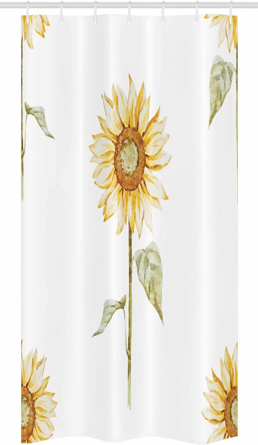Ambesonne Sunflower Stall Shower Curtain, Sunflowers Watercolor Painting Effect and in Minimalistic Design Art, Fabric Bathroom Decor Set with Hooks, 36" W x 72" L, Yellow Green
