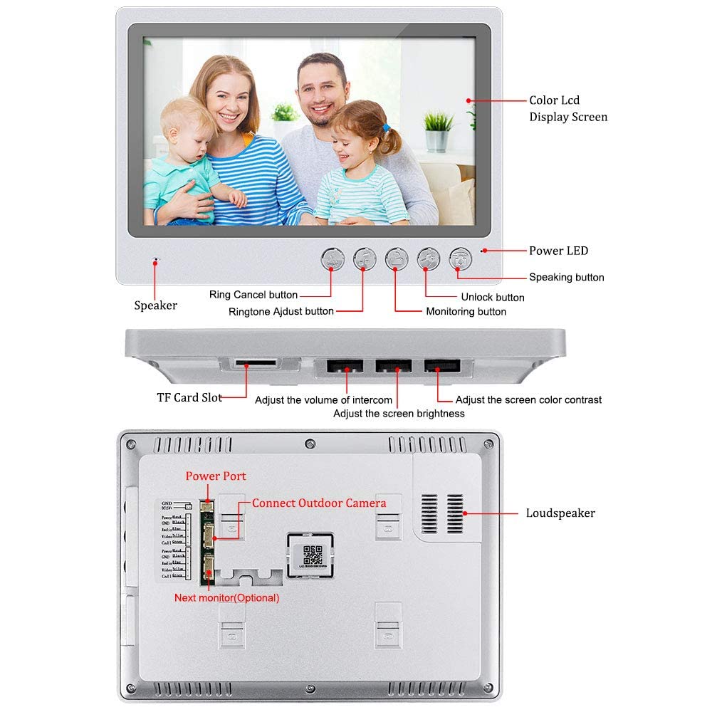 Intercomunicador de Videoportero WiFi de 9pulgadas con Sistema de Cámara de 4 Cables 700TVL,Desbloqueo Remoto de Aplicaciones, Visión Nocturna,Grabación,Detección de Movimiento