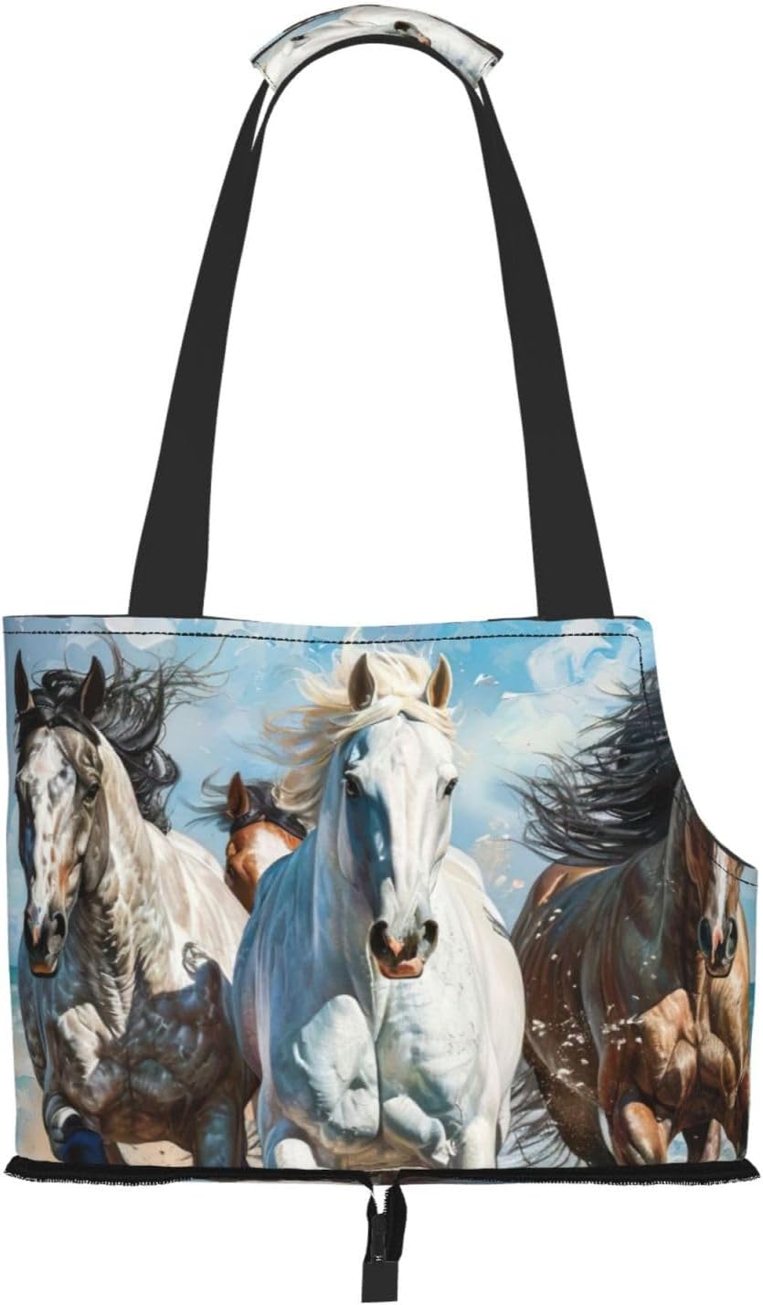 Horses Running Art Print Portable Foldable Shoulder Bag for Travel,with Collar Hook and Handle Pad,Cute Stylish Design