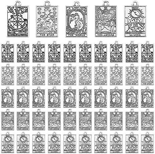 DICOSMETIC 50Pcs Antique Silver Tarot Card Charms Rectangle Tarot Charms Wheel Of Fortune The Lovers The World The Star Luna Zinc Alloy Tarot Dangle Charms for Jewelry Making, Hole: 1.8mm