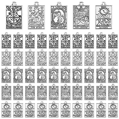 DICOSMETIC 50Pcs 5 Styles Antique Silver Tarot Card Charm Rectangle Wheel Of Fortune/The Lovers/World/Moon/Star Zinc Alloy Dangle for Jewelry Craft Making Hole: 1.8mm