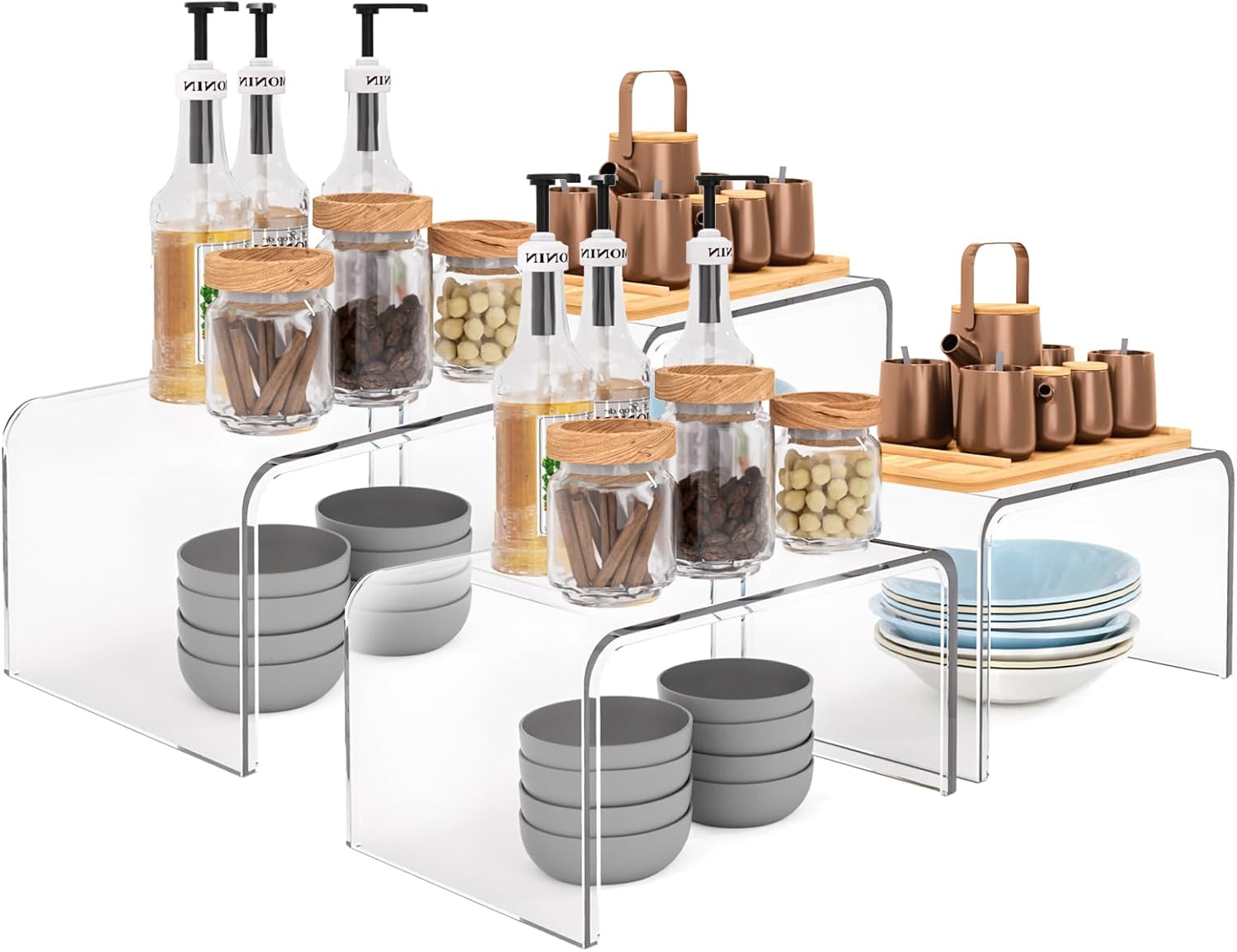 Set of 4 Clear Cabinet Organizer Riser Stand, Shelf Organizer for Kitchen Storage, Display Pantry Shelf Room Decor Countertop Desk Shelves, Retail Display Stand (4)