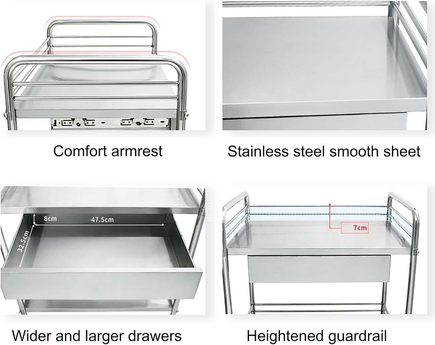Medical Cart, 2-Shelf lab cart Stainless Steel, with One Drawers, Commercial Wheel Dental Lab Cart, for Laboratory Hospital Dental Office Spas Beauty Salons (One Color 81*50*91 cm/32*20*36 in)