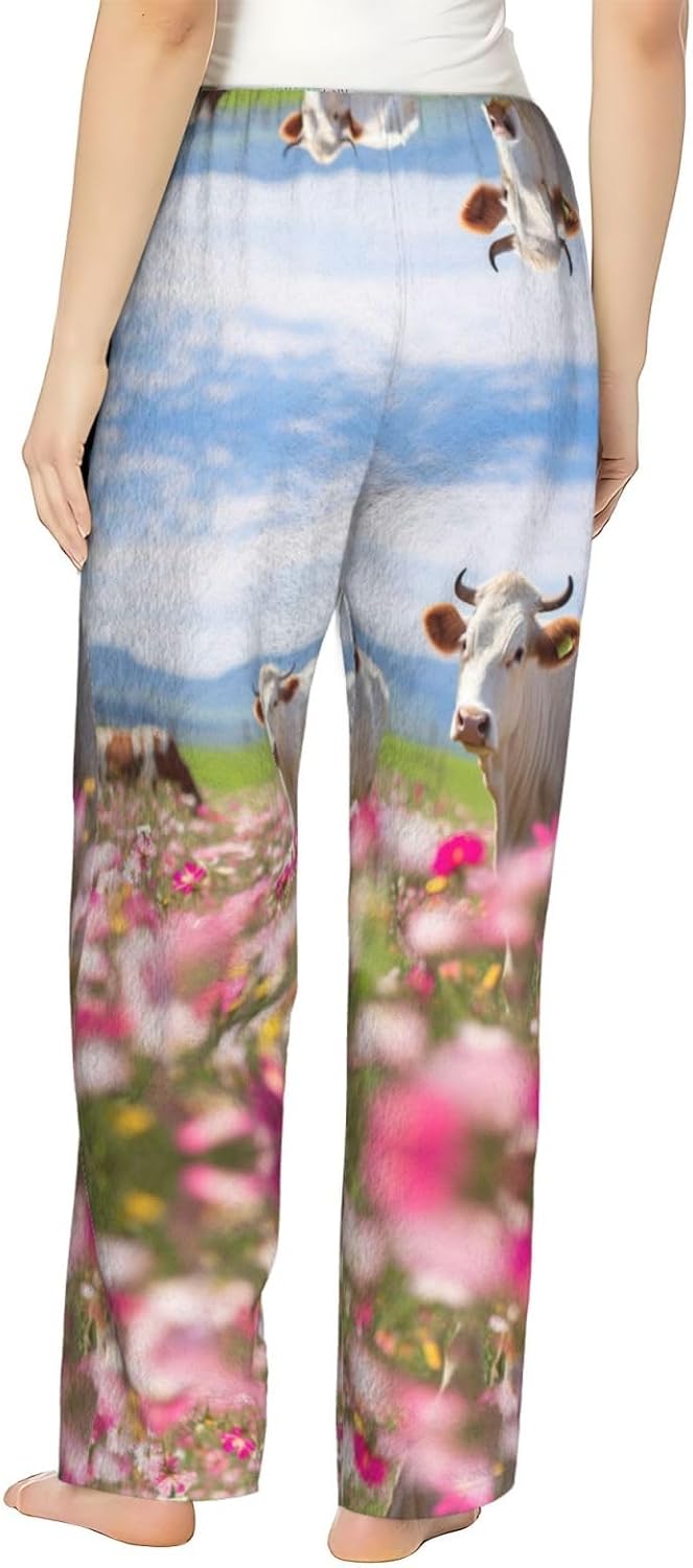 Flower Cow Farm Print Cozy Christmas Pajama Pants,Flannel Pajama Bottoms,Cater To Various Body Types