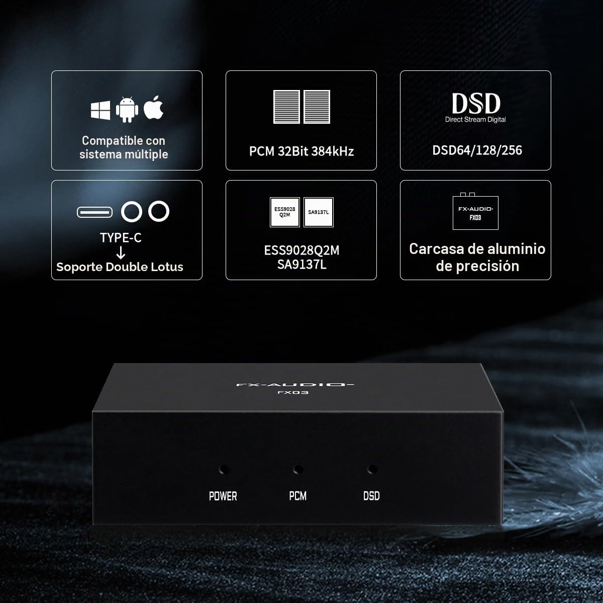 FX-Audio- FX03 384Khz DAC Decorder USB-C a RCA Digital a Analógico Audio Converter Soporta DSD 256 PCM 32Bit para Set-Top Box,Handy,Computer,Game Machine