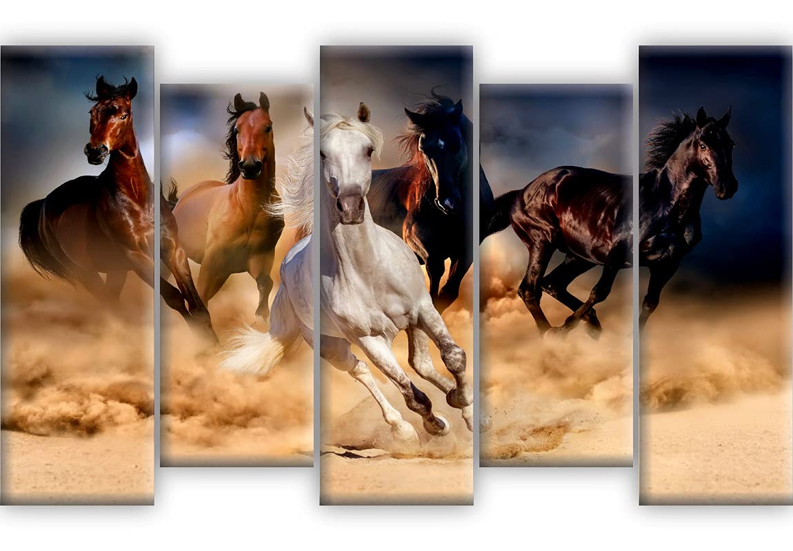 SAFSet of 5 Seven Running Horses UV Textured Vastu Home Decorative Gift Item Self Adeshive Large Panel Painting 18 Inch X 30 Inch SANFPNL30899