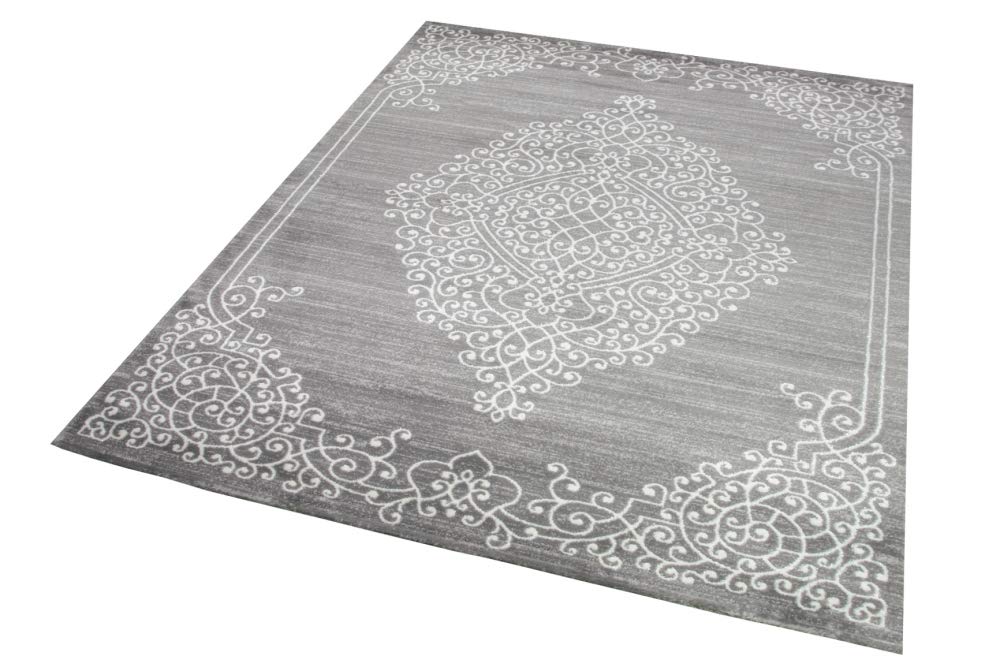 Merinos Moderner Teppich Orientteppich Ornamente mit Glitzergarn in Grau Creme Größe 80 x 300 cm