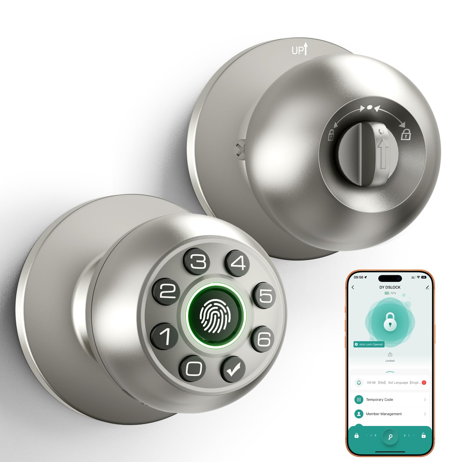 Serrure de porte à empreintes digitales – Bouton de porte intelligent, serrure de porte biométrique avec clavier et code de passe pour chambre à coucher, bureau à domicile (argenté)