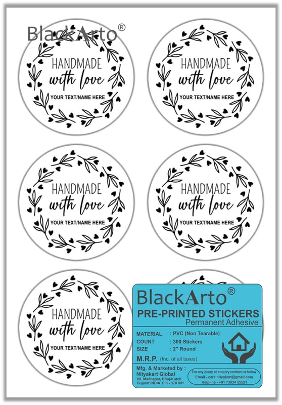 2" Round Handmade with Love Customized Personalized Stickers PVC Non Tearable Self Adhesive Labels for Canning Bottles, Food, Jars, Handmade Products - Pack of 300 Pieces - HM-5