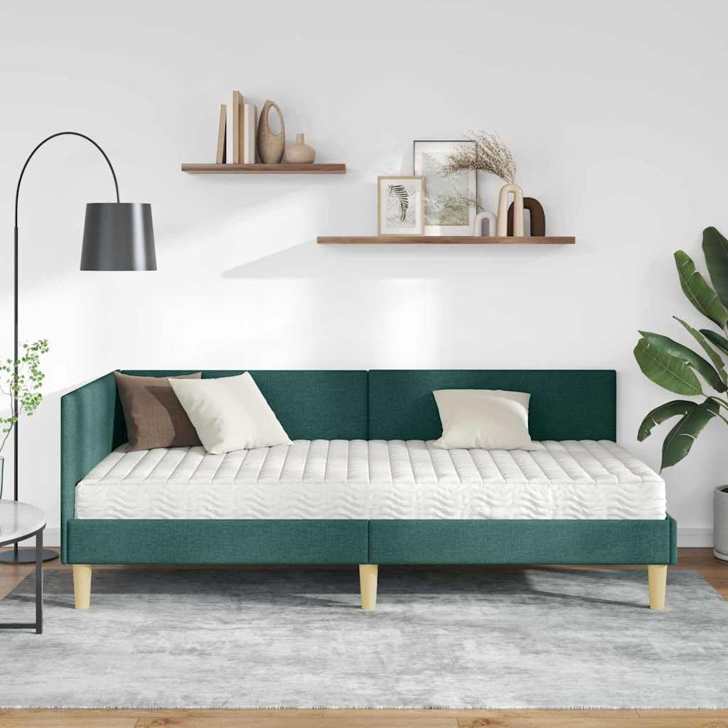 Stelaż łóżka narożnego z materacem, zielony materiał, 204 x 104 x 72 cm, ze stelażem i miękkim zagłówkiem, łóżko pojedyncze do sypialni, stabilne łóżko tapicerowane z oddychającego materiału