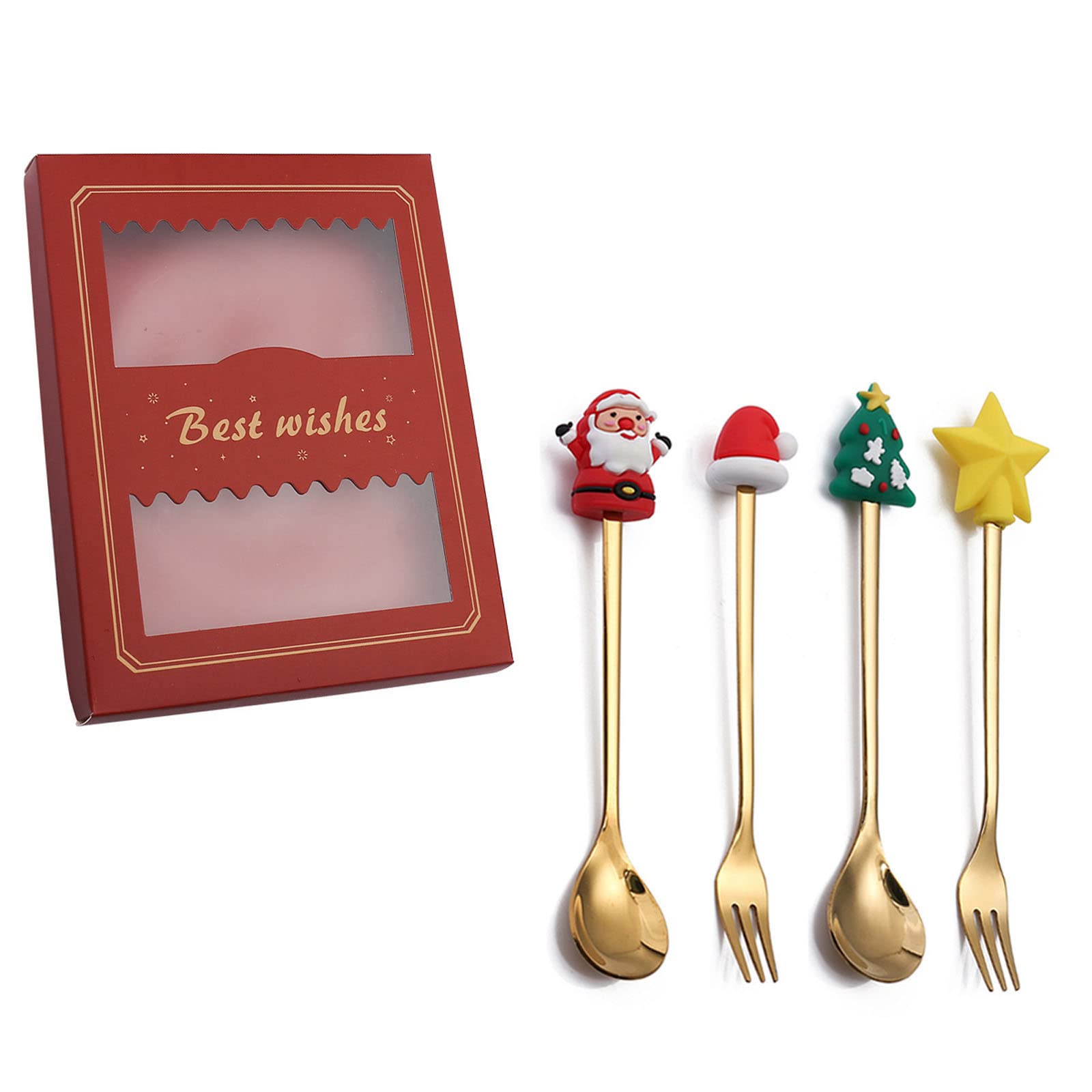 Mekalero 4pcs / set Christmas Spoons Forks with Gift Box Stainless Steel Stirring Spoon Coffee with Christmas Pendant Decor Long Stainless Steel