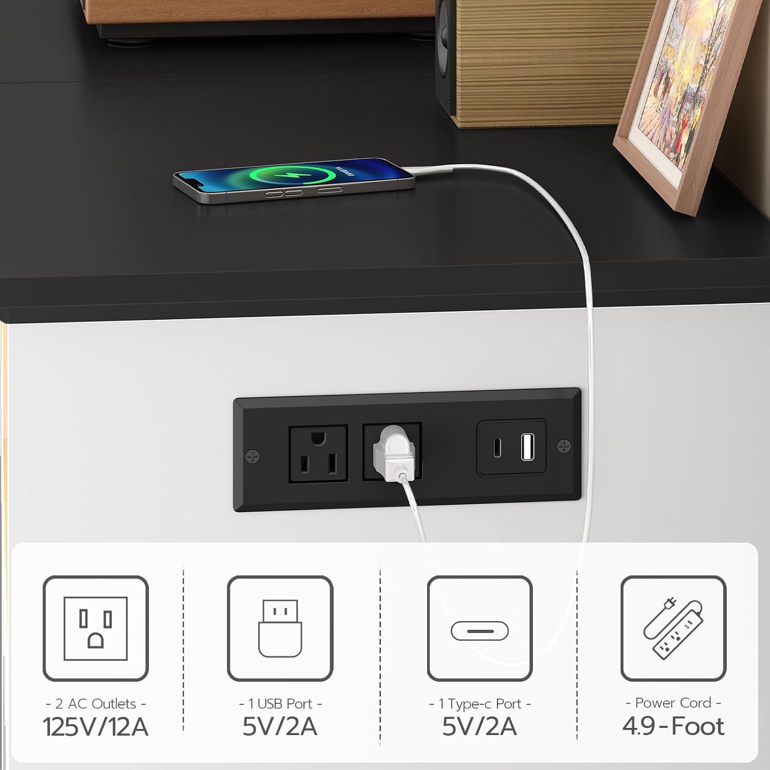 Close-up of the integrated charging station with two AC outlets, one USB-A port, and one USB-C port.