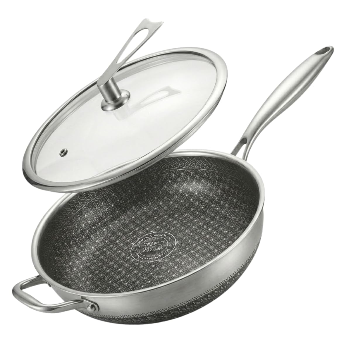 Frigideira Wok Antiaderente Em Aço Inox Corpo Triplo 30cm 5L Com Tampa De Vidro Temperado