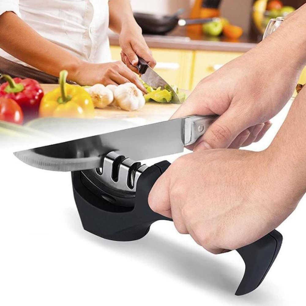 Advanced 3 Stage Knife Sharpener Tool Kit | Manual Kitchen Knife Sharpening System for Straight and Serrated Blades | Non-Slip Base, Ergonomic Handle, Safe, Durable and Easy to Use