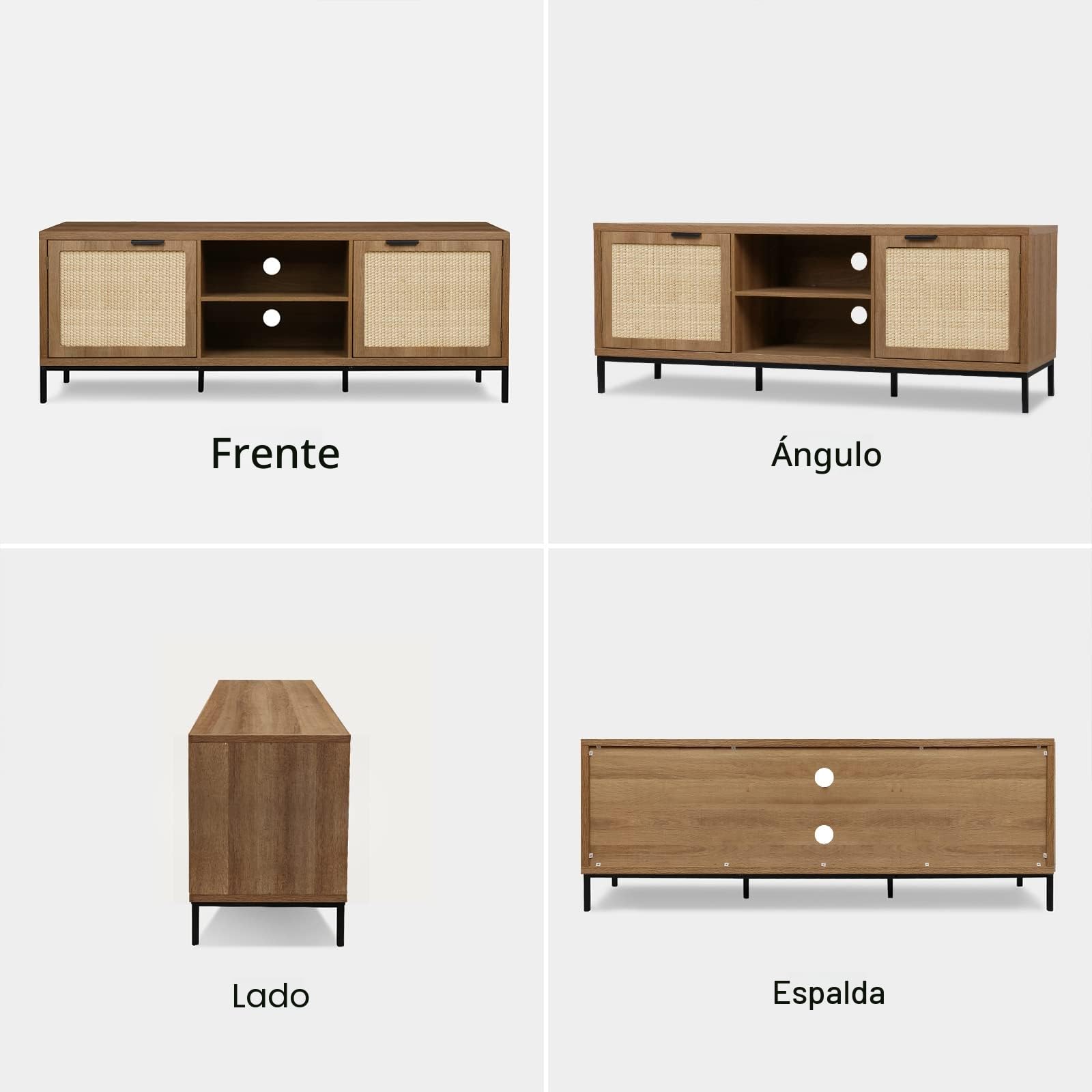 Mueble de TV 150cm de 2 Rattan Puertas, Muebles de Salon Modernos y 2 Estantes Abiertos, Mesa de TV para Televisores de hasta 65 Pulgadas, para Salón, Comedor, Dormitorio