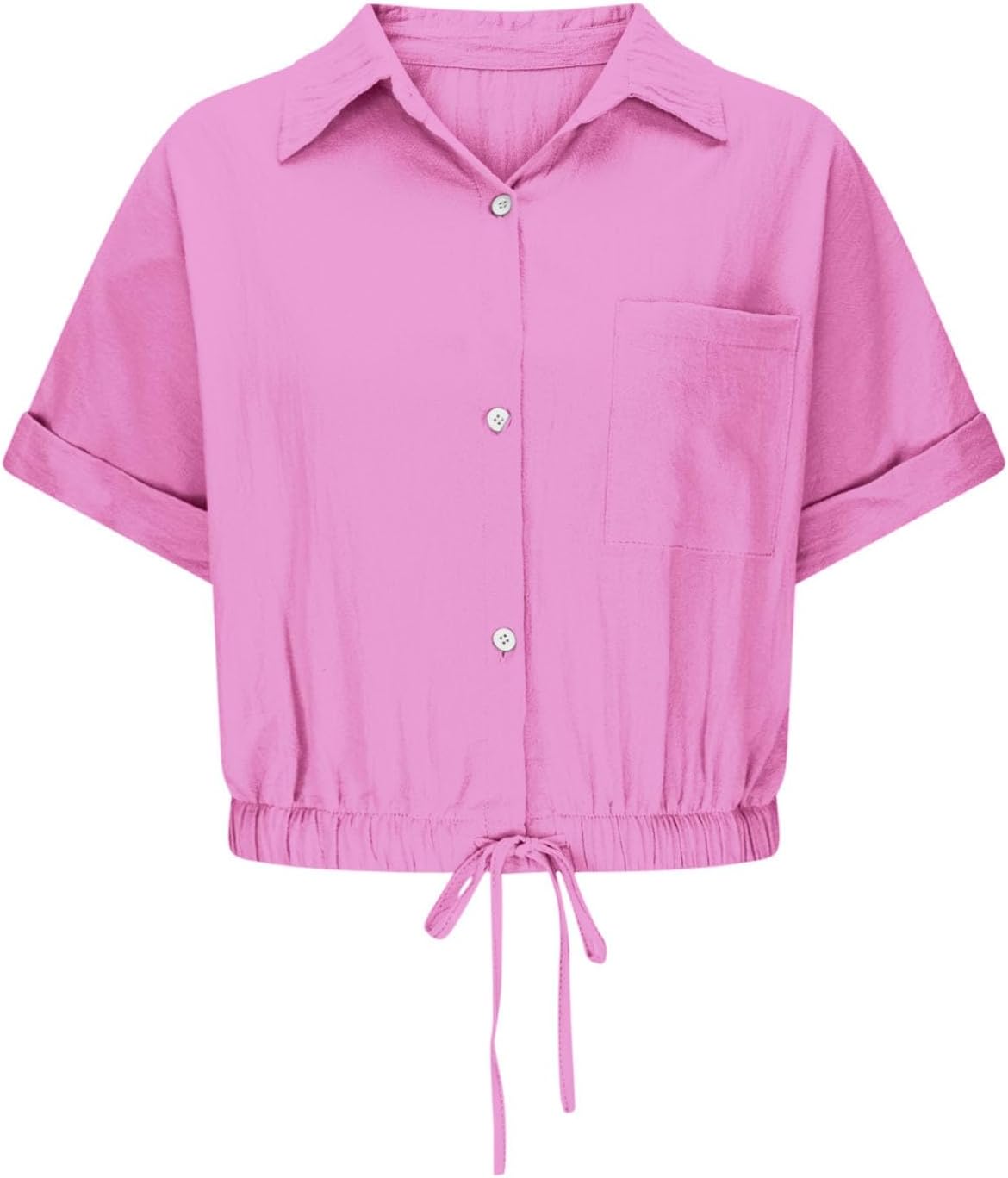 Women's Linen Shirts Y2k Short Sleeve Button Blouses Cinched-Hem Collared Crop Top Tunics with Pockets Shorts Outfits
