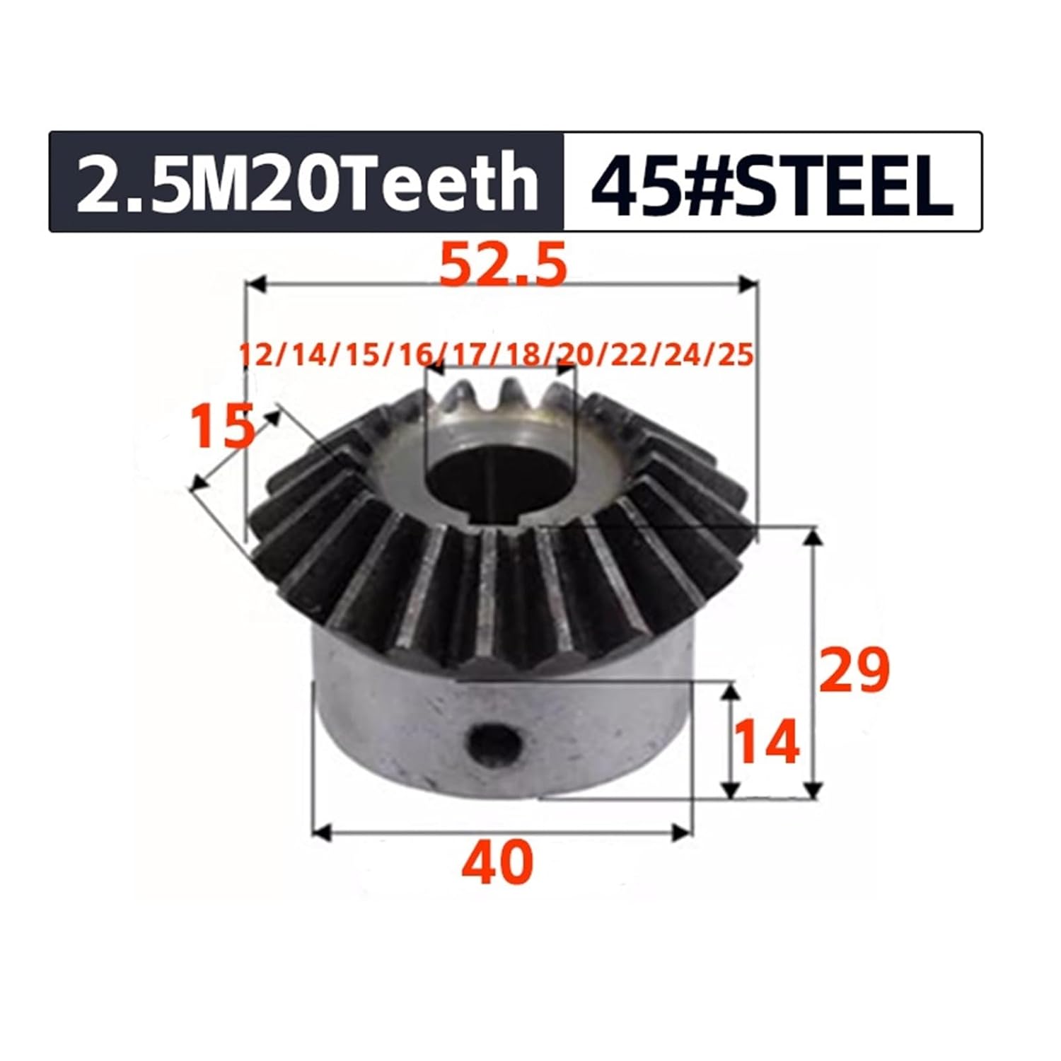 Bevel Gear 2.5M 20Teeth Inner Hole 12/14/15/16/17/18/20/22/24/25mm 90 Degrees Meshing Angle Steel Gears Screw M6 1Pcs(15mm Keyway 5mm)
