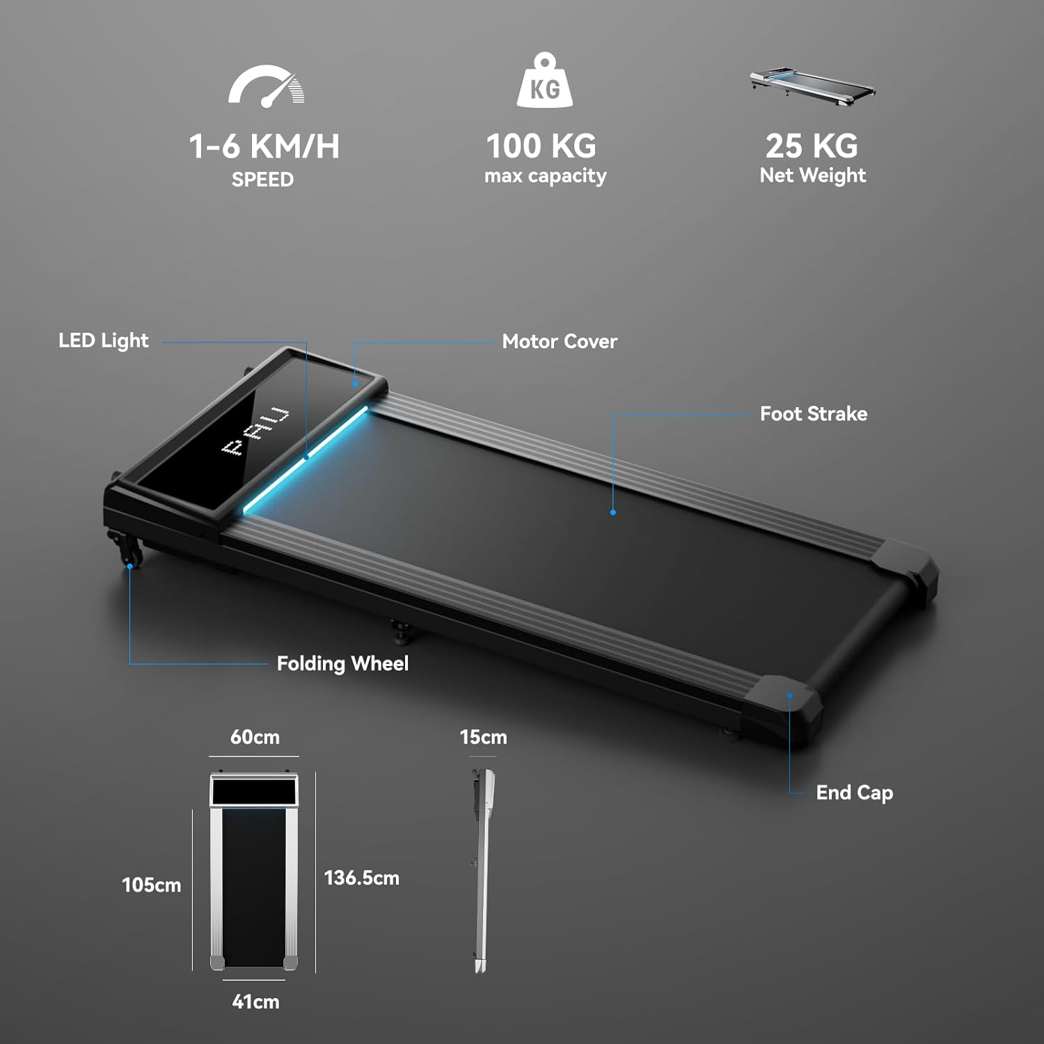 Diagram of UMAY Walking Pad Treadmill components and dimensions