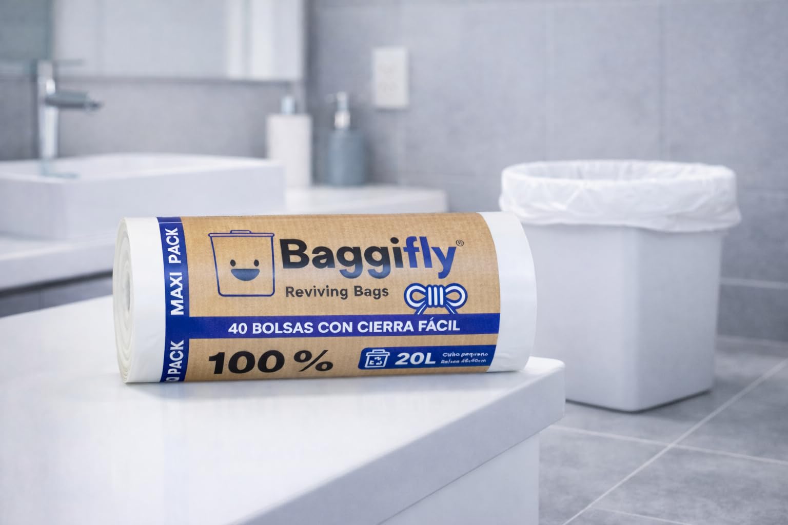 Baggifly, Bolsas de Basura 20L, 200 Bolsas Resistentes, 100% Recicladas, Cierre Fácil, ECO Friendly, Ideal para oficinas, clínicas, hoteles, baños, Maxi Pack 5 x 40, Fabricado en España, Blanco