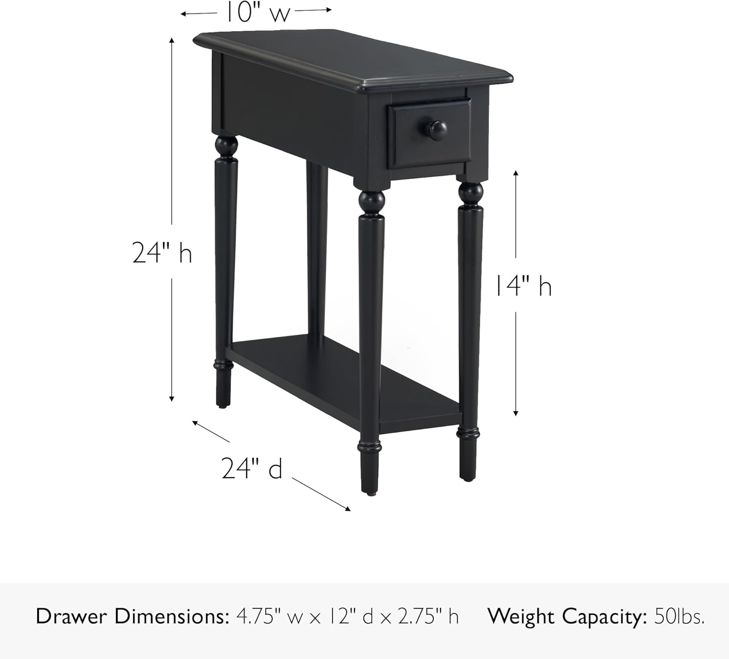 Coastal Solid Wood Narrow End Table with Drawer, Swan Black, Perfect for Living Rooms, Bedrooms, and Offices – Leick Home, 20017-BK