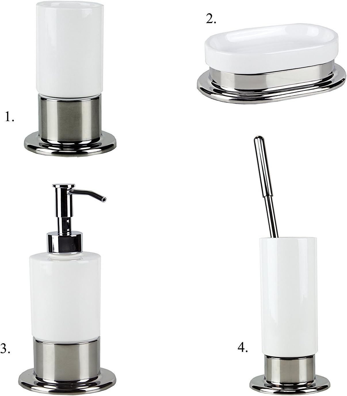 Hispania bath INOX Bathroom Accessories Set(Set of 4), Polished Stainless Steel and White Ceramic, Wall Mounted, Bathroom Accessories Set, Ceramic Accessories, Made in Spain (European Brand)